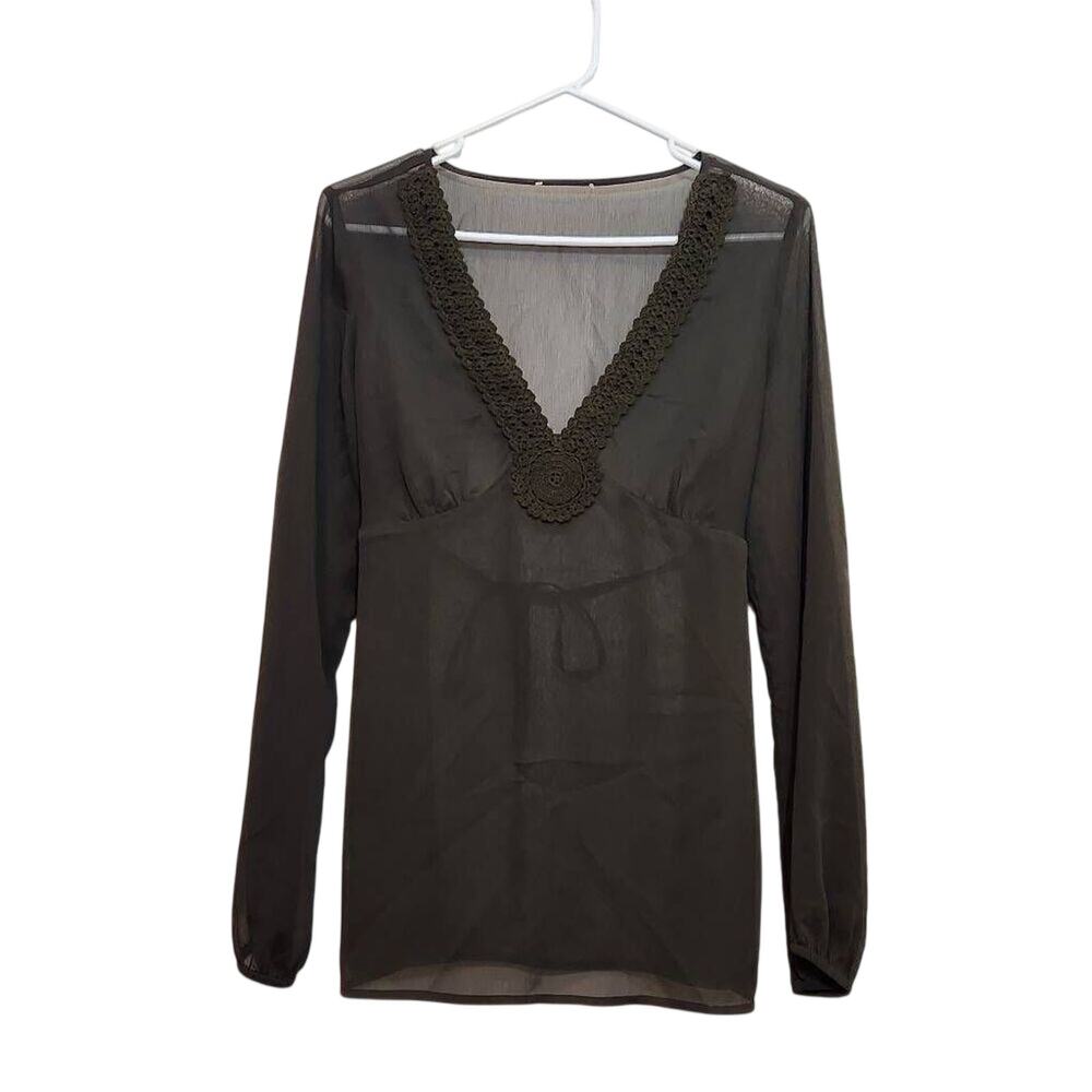 Sheer lantern sleeve v-neck peasant top